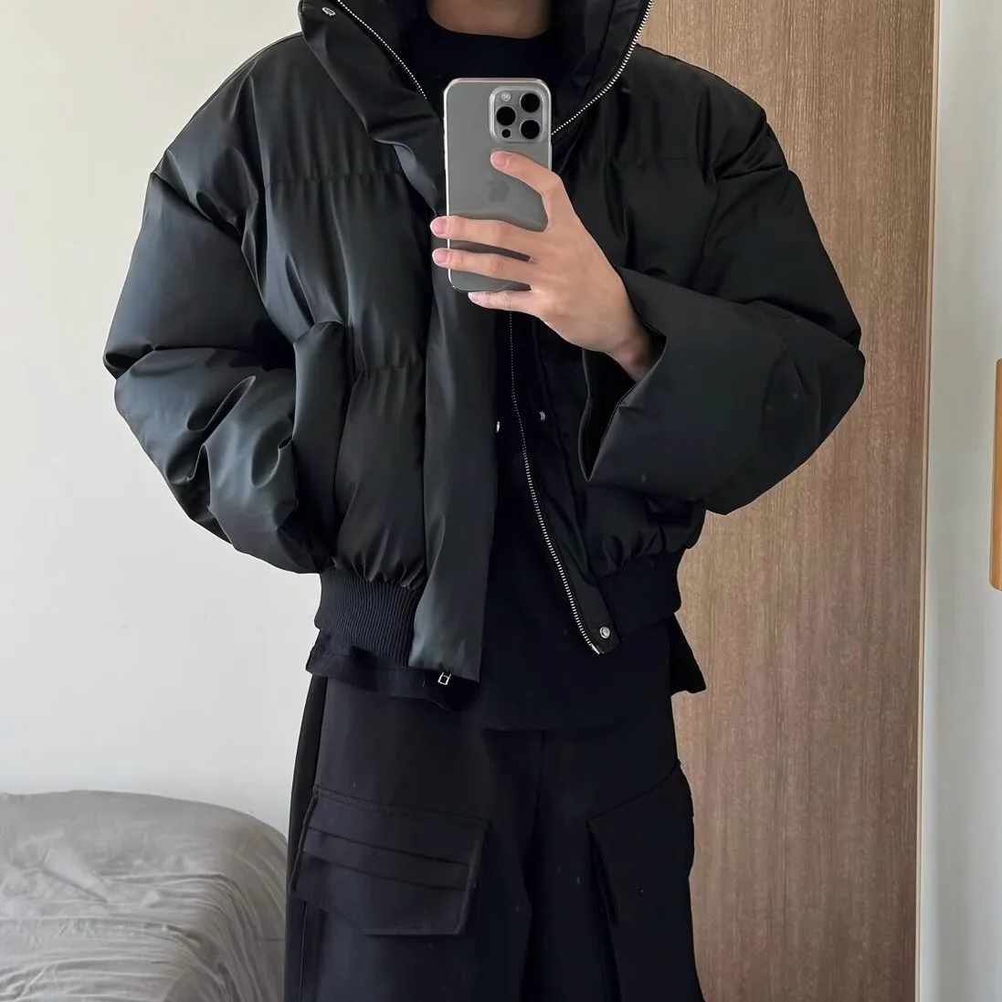 American New Fashion Men's PU Solid Color Casual Trendy Simple Basic Loose Stand Collar Quilted Jackets Male Coats Clothes Tops