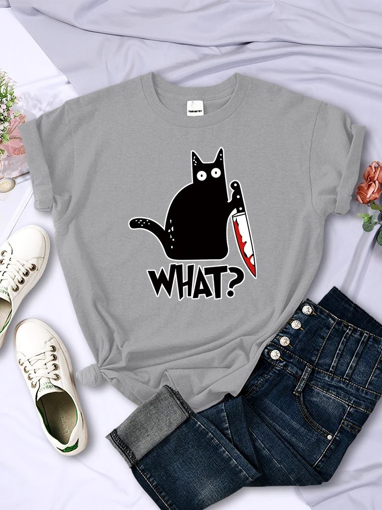 Kitchen Knife Black Cat Wha? Print Female Short Sleeve Fashion Breathable T-Shirts Summer Cool Tee Clothes Street Hip Hop Tops