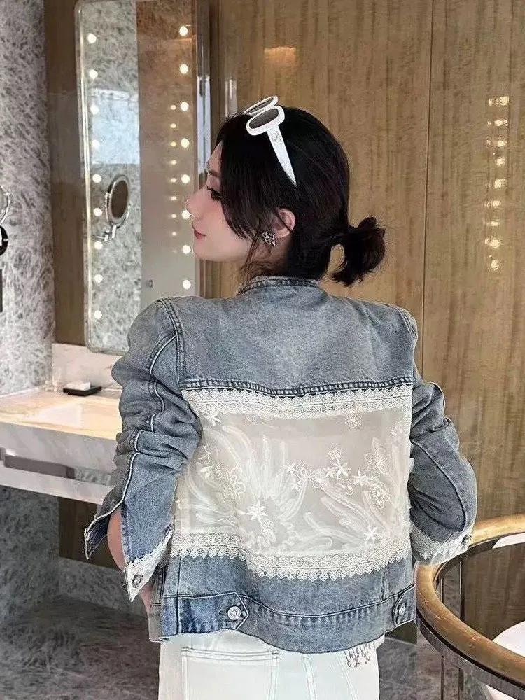 Lace Patchwork Denim Jacket, New Small And Short Top For Women\'s 2024 Spring Autumn Jackets Woman 2024 Women\'s Denim Jacket