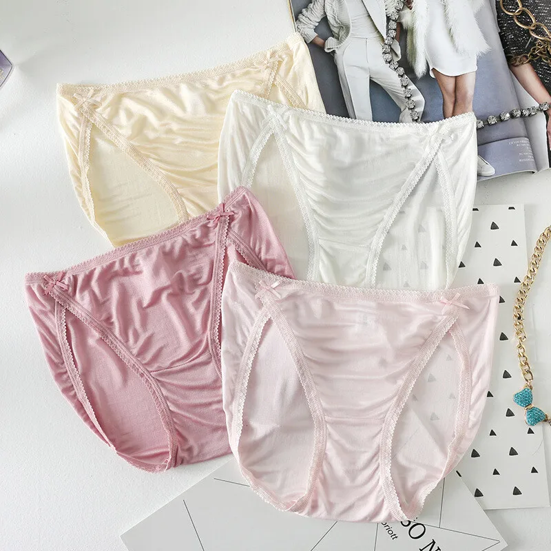 

3pcs 100 Mulberry Silk Underwear For Women Briefs Thin Silk Lady Panties Bow Tie