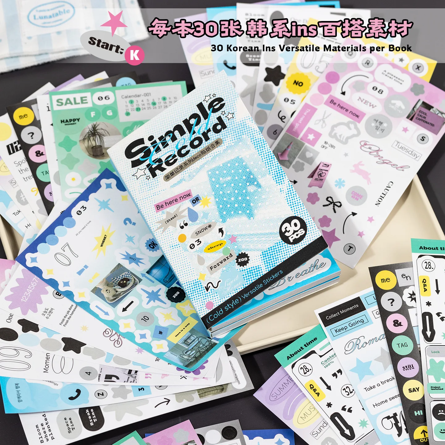 JCAC 30pcs Kawaii Die-Cut Sticker Book, Simple Record, Korean Ins Aesthetic English Text Journal Stickers, Phone Case Decals