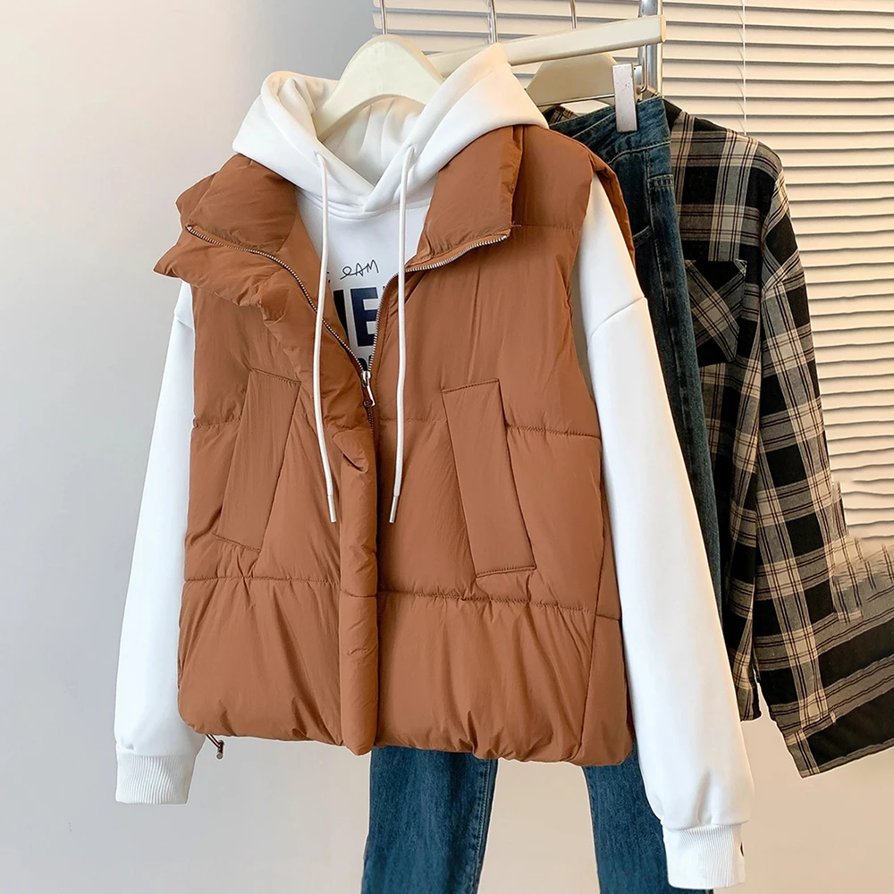 

Women Down Cotton Vest Jackets Autmn Winter Thick Warm Casual Loose Waistcoat Solid Color Zip-Up Cotton Sleeveless Jacket