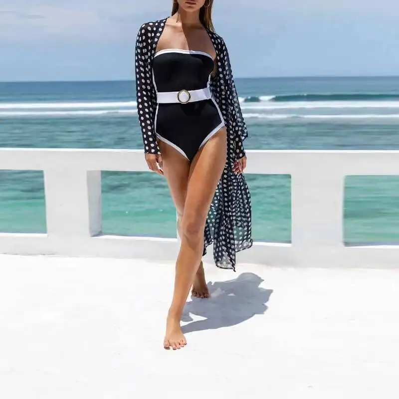 สีดําสีขาวสีจับคู่ Slim One Piece ชุดว่ายน้ําฤดูร้อนชายหาดบิกินี่แขนกุดผู้หญิง Casual Hot Spring ชุดว่ายน้ํา