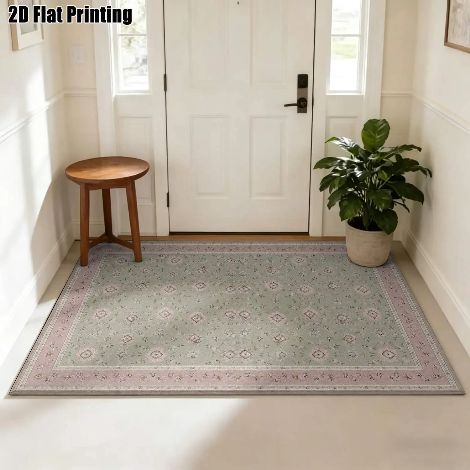 1Pc 2D Printed Carpet: Light Green Pink-Edged Geometric European Retro Bohemian Style, Machine Washable, Multi-Size, Suitable for Home Decor, Door Mat, Dining Room, Bedroom, Living Room