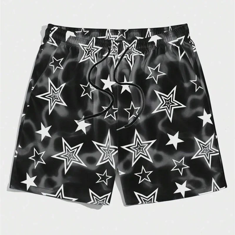 Purple Tie Dye Star Print Shorts Men Y2K Aesthetic Summer Beach Elastic Waist Quick Dry Swim Trunks Drawstring Casual Streetwear