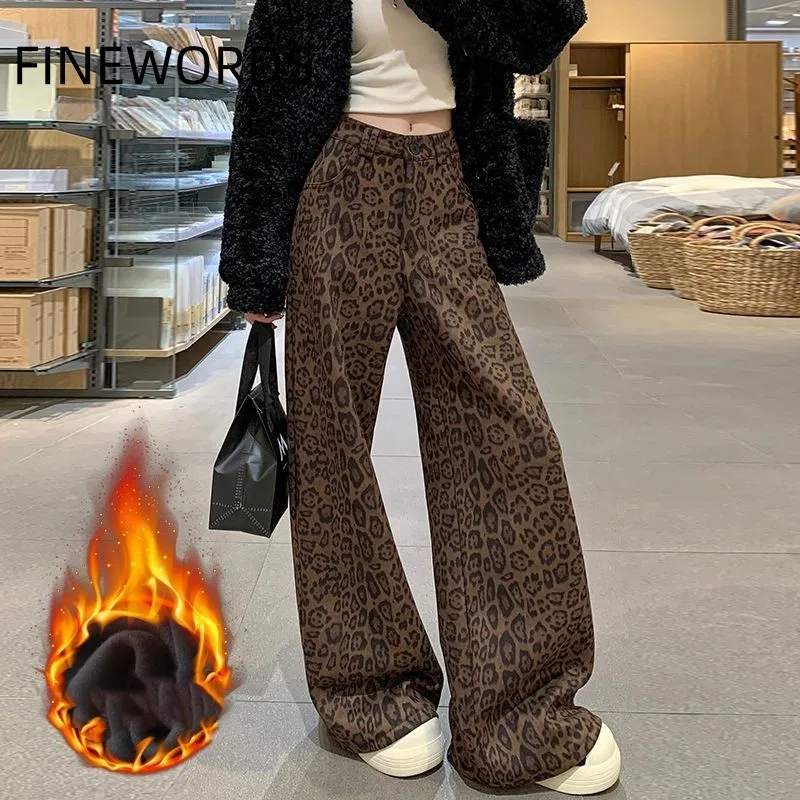 FINEWORDS Warm Winter Cashmere Leopard Print Pants Women Korean Streetwear High Waist Wide Leg Pants Vintage Casual Loose Pants