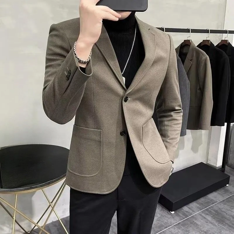 Men Faux Wool Jacket Autumn Winter, Korean Style Loose Fit Casual Blazer, Lightweight Business Formal Suit Outerwear