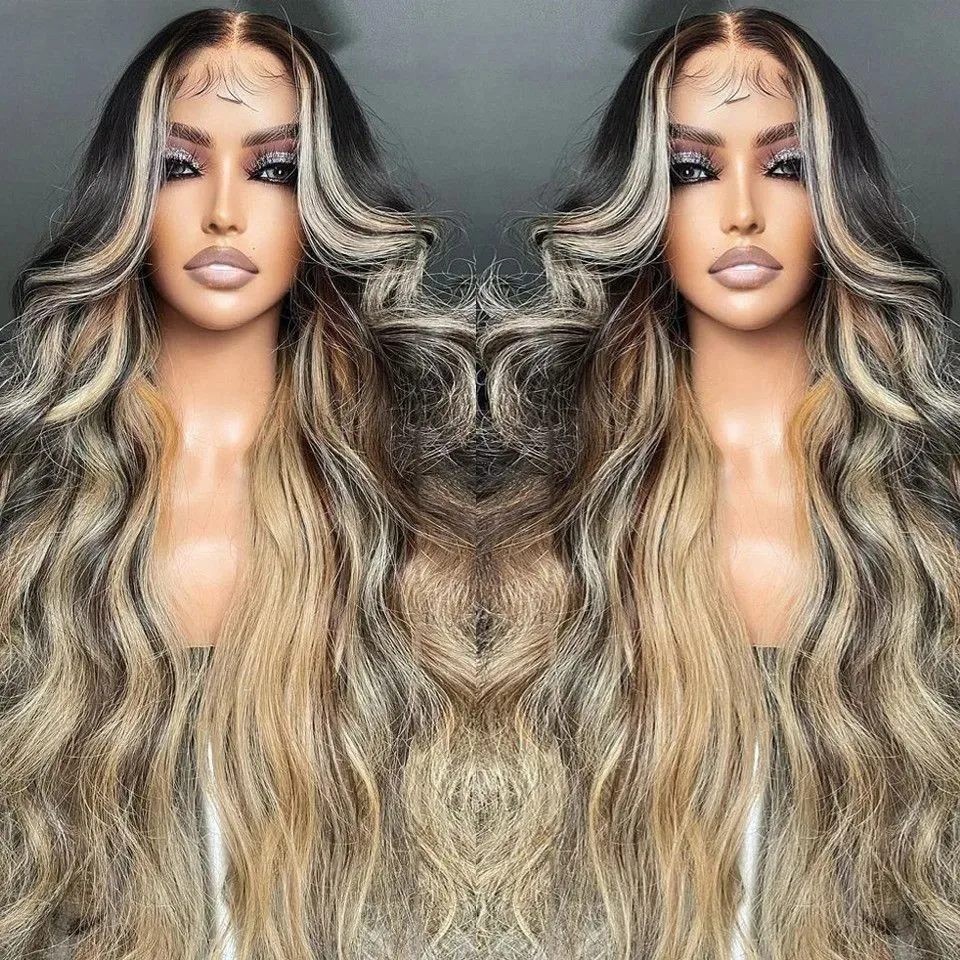 

Highlight Brown Blonde 13x4 HD Body Wave Cheap Front Lace Wig Synthetic And Blend Pre Plucked Glueless Daily Wear Cosplay