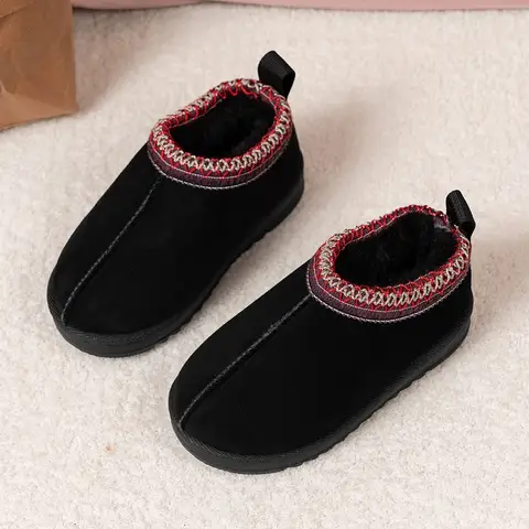 2025 nuove scarpe per bambini, stivali da neve invernali per ragazze, scarpe calde con suola spessa, scarpe in pelle di lana a righe con onde retrò