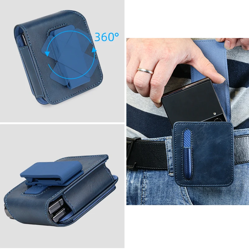 حقيبة خصر للهاتف المحمول من جلد البولي يوريثان لهاتف سامسونج جالاكسي Z فليب 6 5 4 3 مع حامل قلم، إغلاق مغناطيسي، أزرق