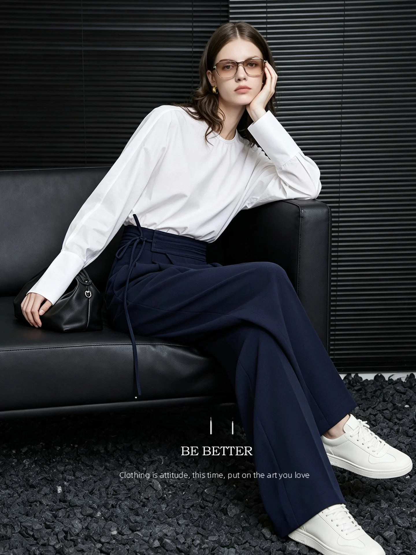 Huaappuw Commuter Casual Pants Side Waist Tie Draped Wide Leg Pants Autumn New Style High Waist Straight Leg Polyester Blend