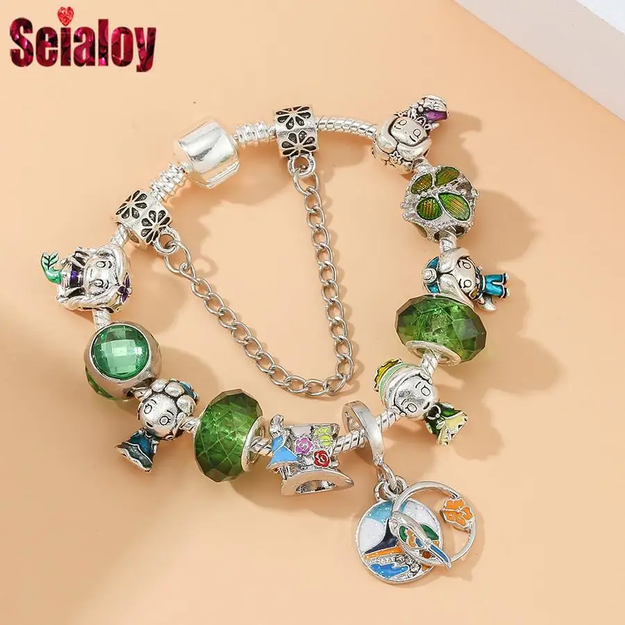 Seialoy Brazil Field Parrot Charm Bracelets For Women Cartoon Princess Tea Party Beaded Green Crystal Beads Bracelet Xmas Gifts