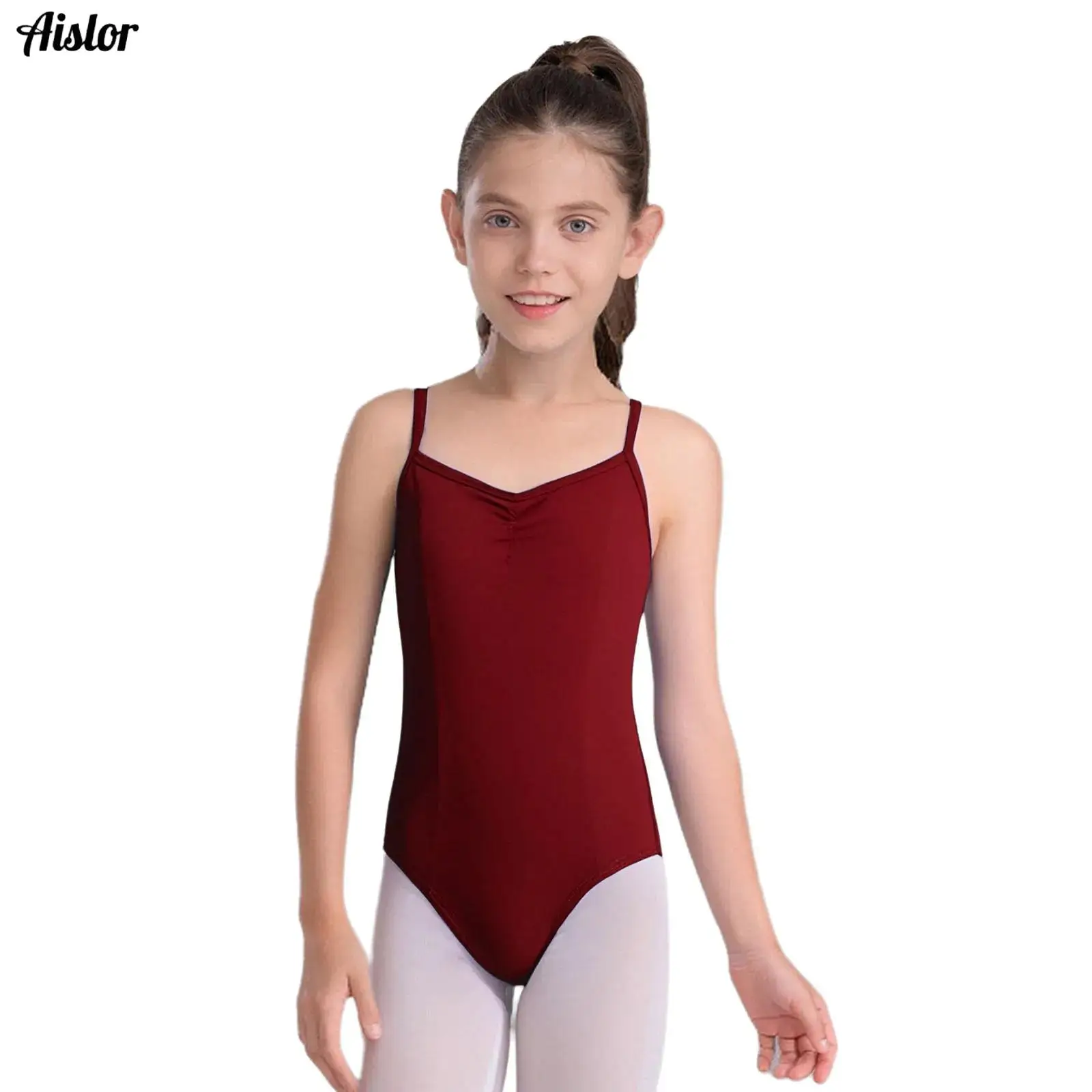 

Kids Girls Ballet Dance Gymnastics Bodysuit Sleeveless Adjustable Spaghetti Straps Front Ruched Leotard for Practice Performance