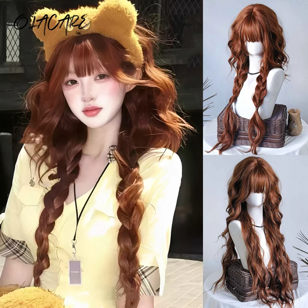 OLACARE Synthetic Long Ginger Orange Brown Wavy Wigs with Bangs Lolita Cosplay Halloween Hair Wigs for Women Heat Resistan