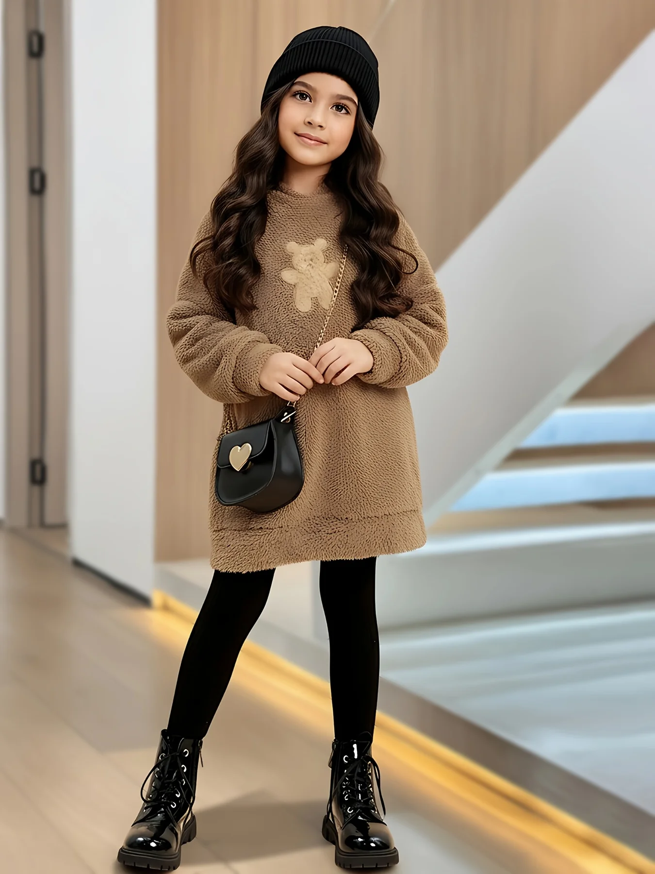 Girls' Autumn and Winter Casual Outfit Set: Bear-Patterned Hoodie + Leggings Two-Piece Set in Brown + Black, Stylish and Versatile, Suitable for Children over 3 Years Old, Perfect for Home, Leisure, and Outdoor Wear