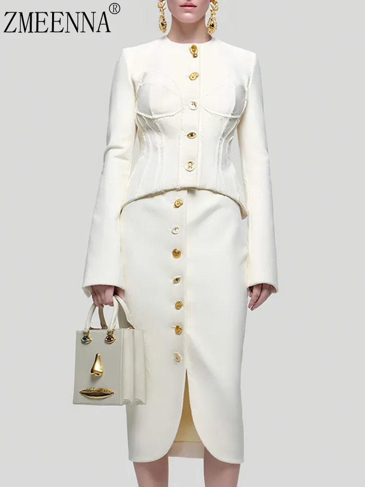 

ZMEENNA Women's Elegant Round Neck Jacket With Corset Waist And High Waisted Midi Skirt Buttons Two Piece Outfit ZM3936