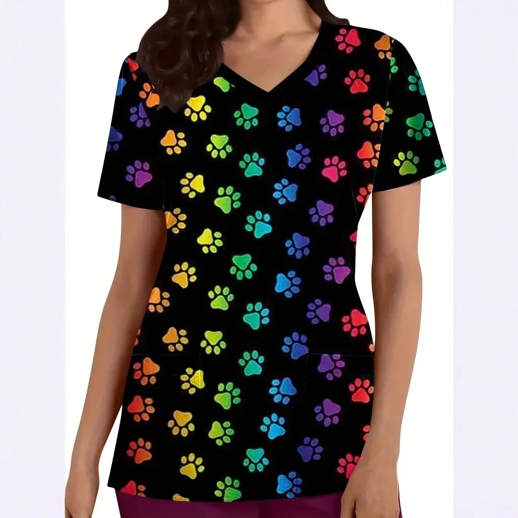 Ladies' Spring and Autumn Summer V-neck waist slimming short sleeved workwear with colorful paw print 3D digital printing