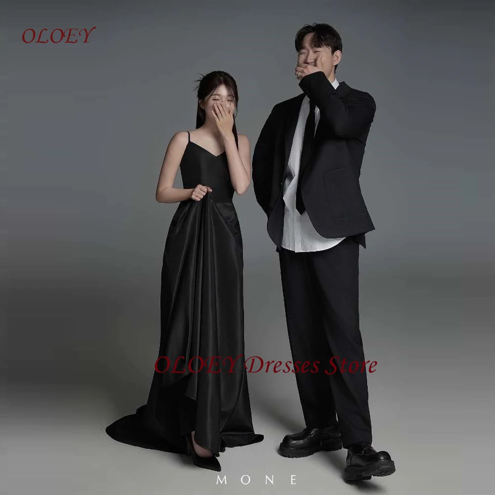 

OLOEY Simple Black Evening Party Dresses Korea Wedding Photo shoot Spaghetti Straps Floor Length Formal Party Gowns Customized