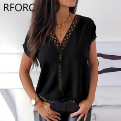 2024 Women Hook Flower Hollow Solid V Neck Short Sleeves Causal Black Blouse Top