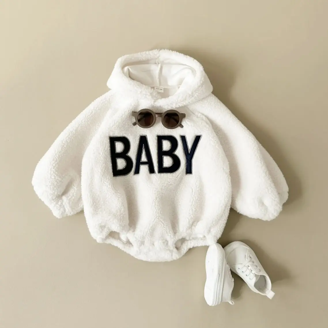 INS 2023 Winter Baby Boys Soft Fleece Hoodie Pullover Romper Letter Baby Clothes Baby Girls Fake Fur Toddler Lambswool Romper