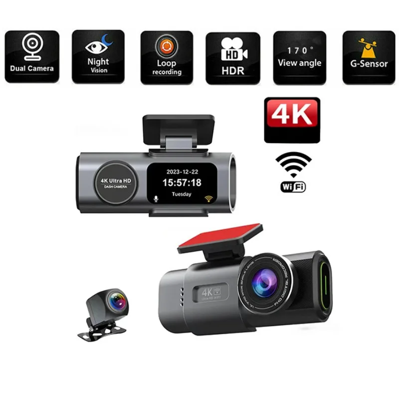 

With WiFi Car Camera Dvr G-Sensor Dash Dashcam Cam 4K Black Box APP Control Dual Channel 170° Wide Angle 1.47 Inch OLED Screen