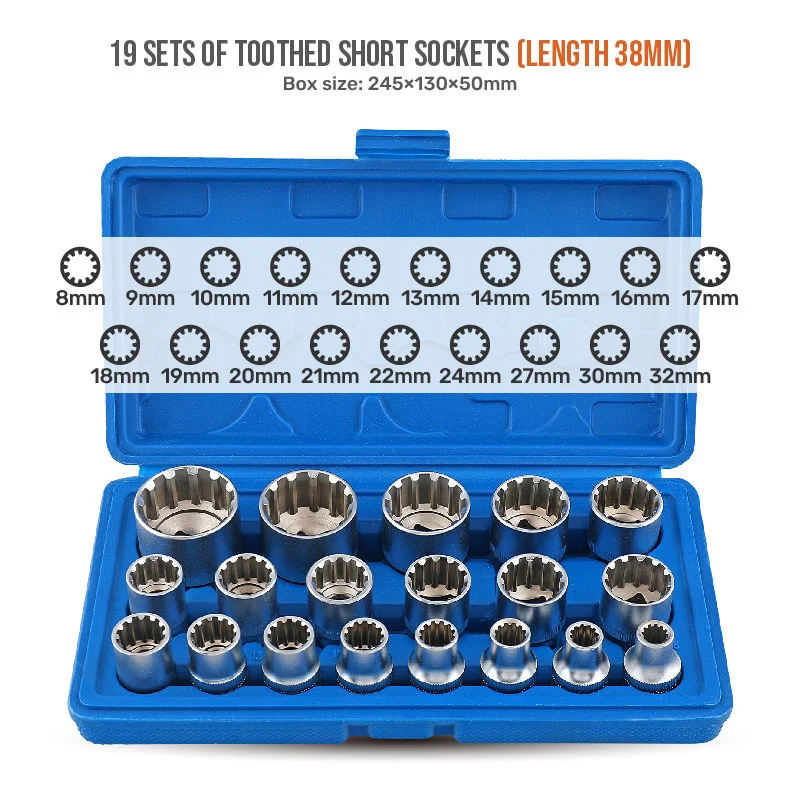 Hi-Spec 8-32mm Gear Lock Socket 1/2 "Drive 12 Point Torx Set di chiavi a bussola esagonale scanalate Bit incassato Set di punte esagonali con scatola blu