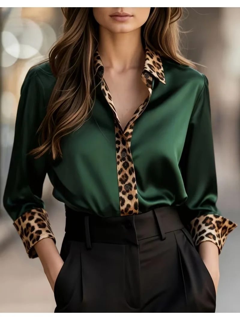 레오파드 프린트 칼라, 커프스 및 플래킷이 있는 우아한 긴 소매 버튼다운 셔츠, 루즈핏 블라우스 탑