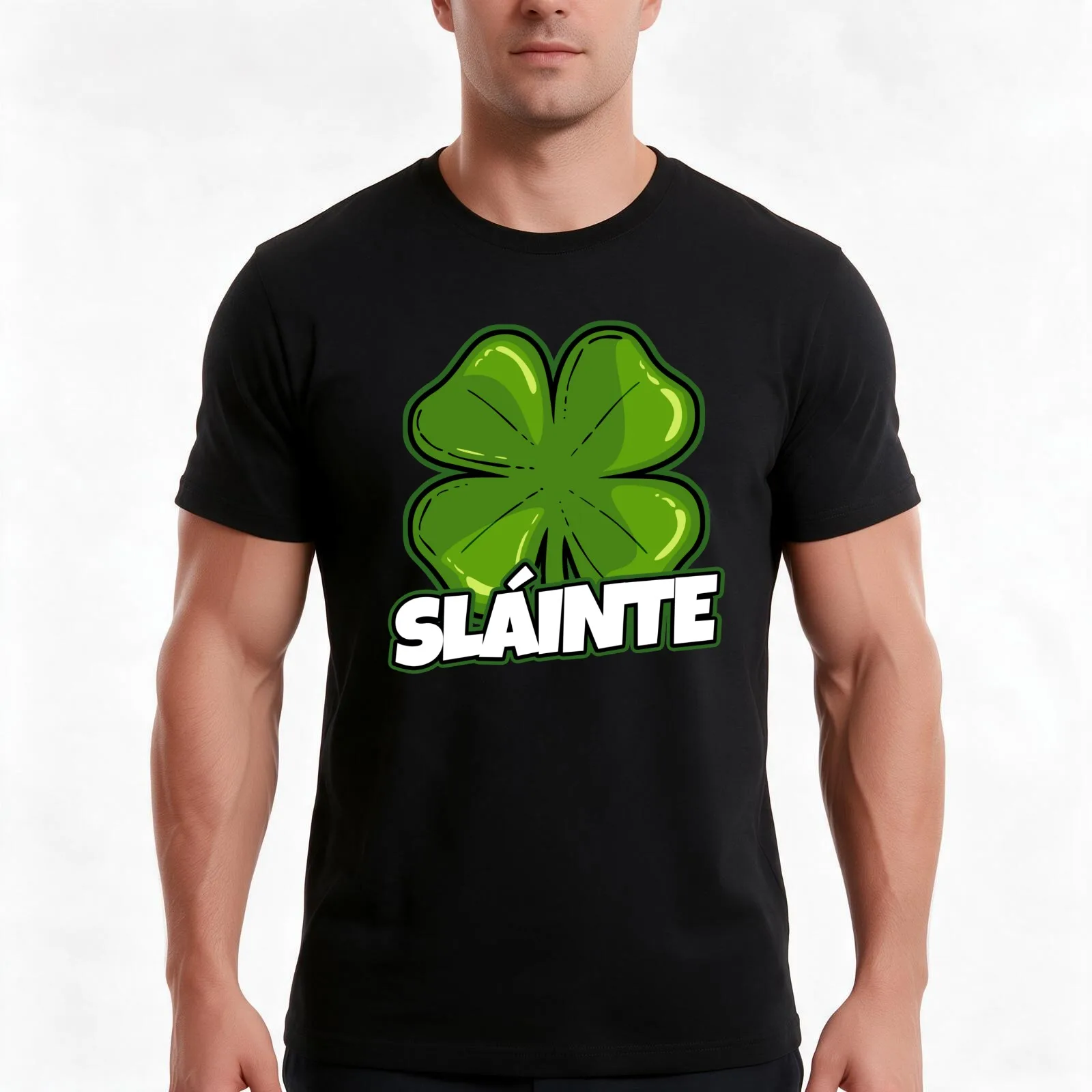 Irish Shamrock Sláinte Cheers St Patrick's Day Graphic Green Cartoon Comic Design T-Shirt, Summer Casual Cotton Tee, 100% Cotton