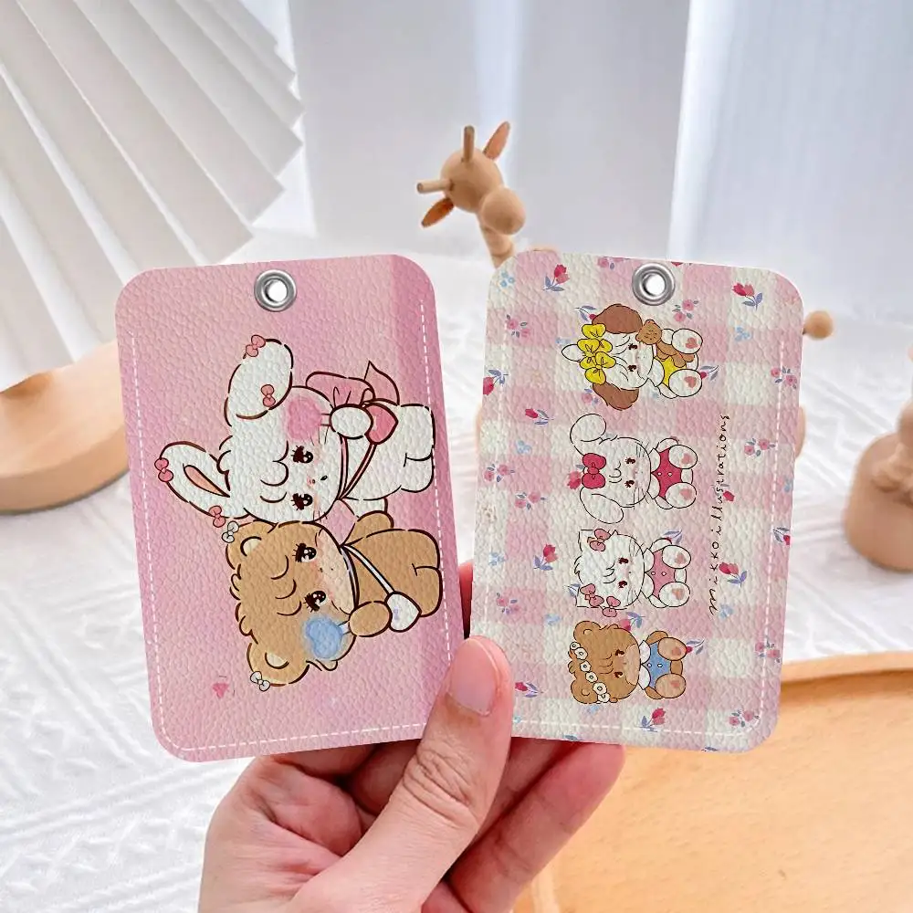Cute Cat Mikko I-illustrations 1Pc PU Leather Card Holder Keychain Key Ring Door Lock Access Tags ID Card Case Keychain Card