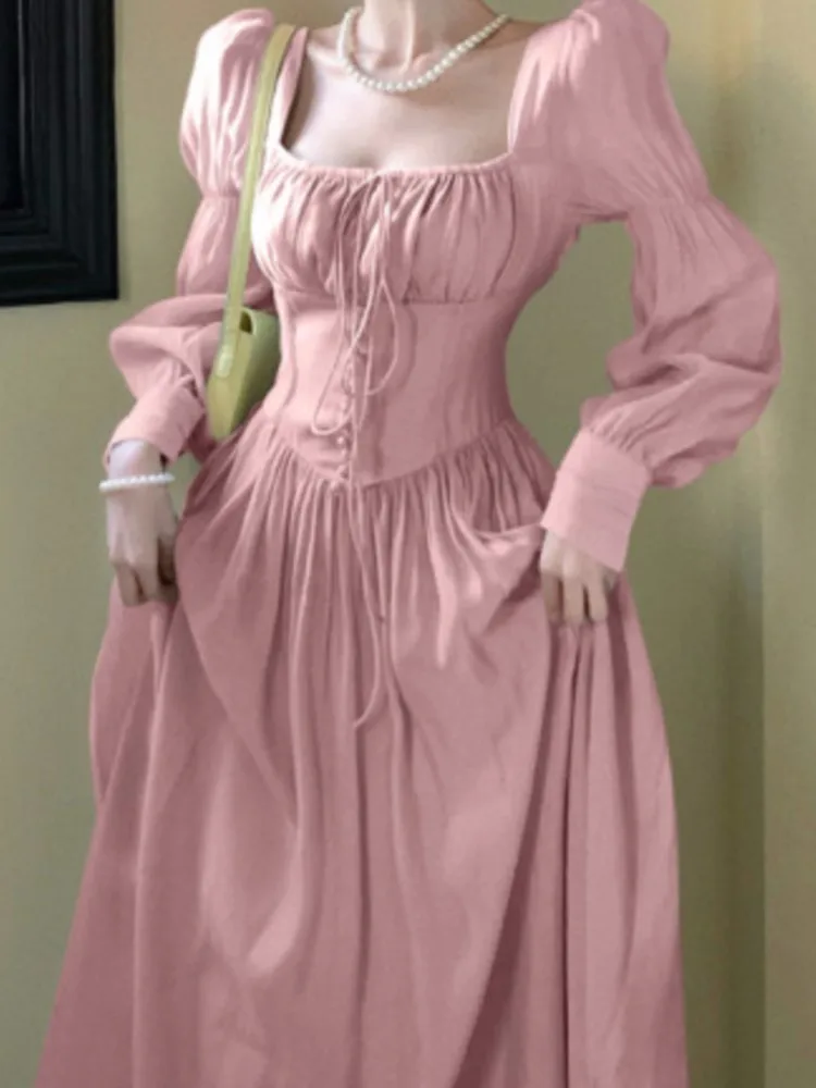 Women Elegant Princess Party Long Sleeves Dress Slim Waist A-line Lace Up Autumn Spring French Vintage Casual Solid Dresses