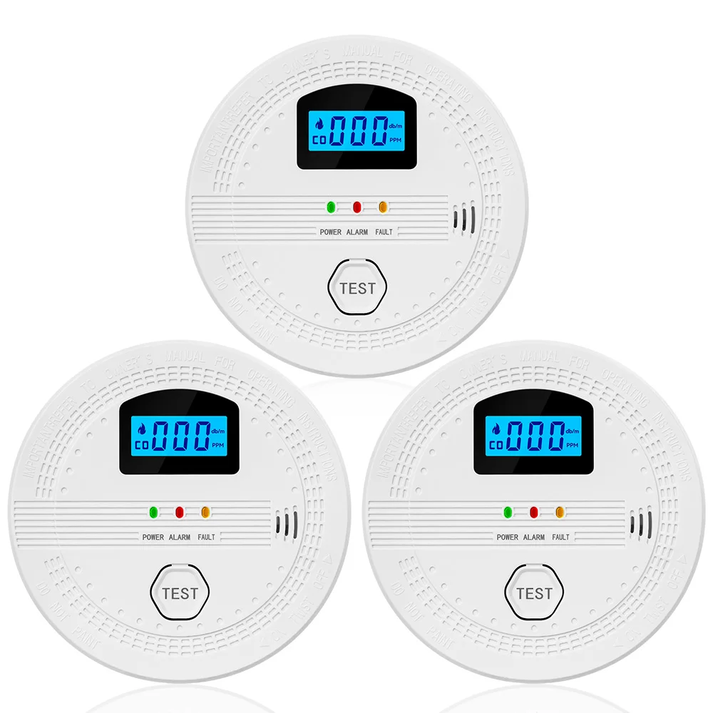 3 Packs Smoke and Carbon Monoxide Detector 2 In 1 CO and Smoke Detectors LCD Display Smart Detector Sound Light Alarm Low