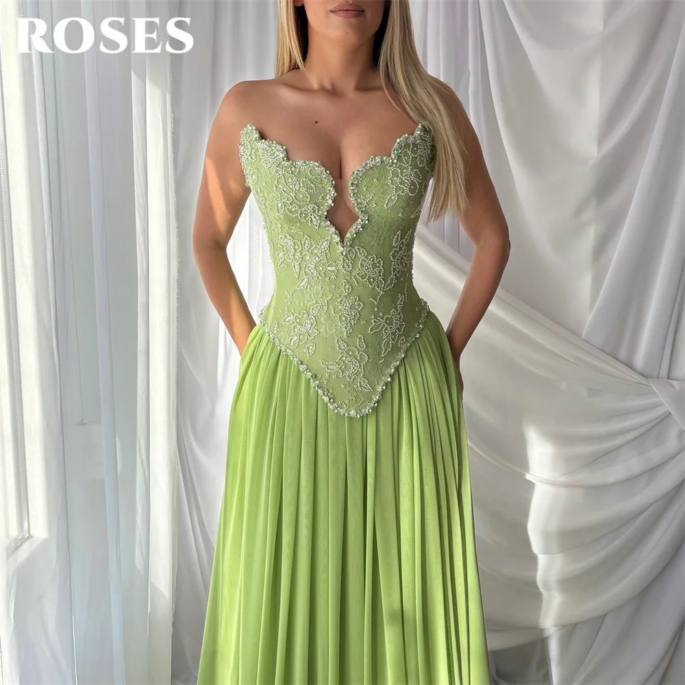 ROSES Lime Green Prom Dresses Strapless Celebrity Dress Beading On Chest Women's Evening Dresses A Line Formal Gown Customized