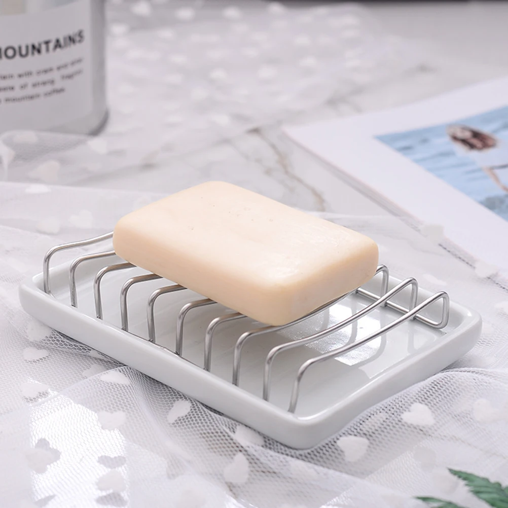 

Ceramic Soap Dish Stainless Steel Draining Box Double Layer for Bathroom Kitchen White Refined Porcelain Base Ceramic Soap Dish