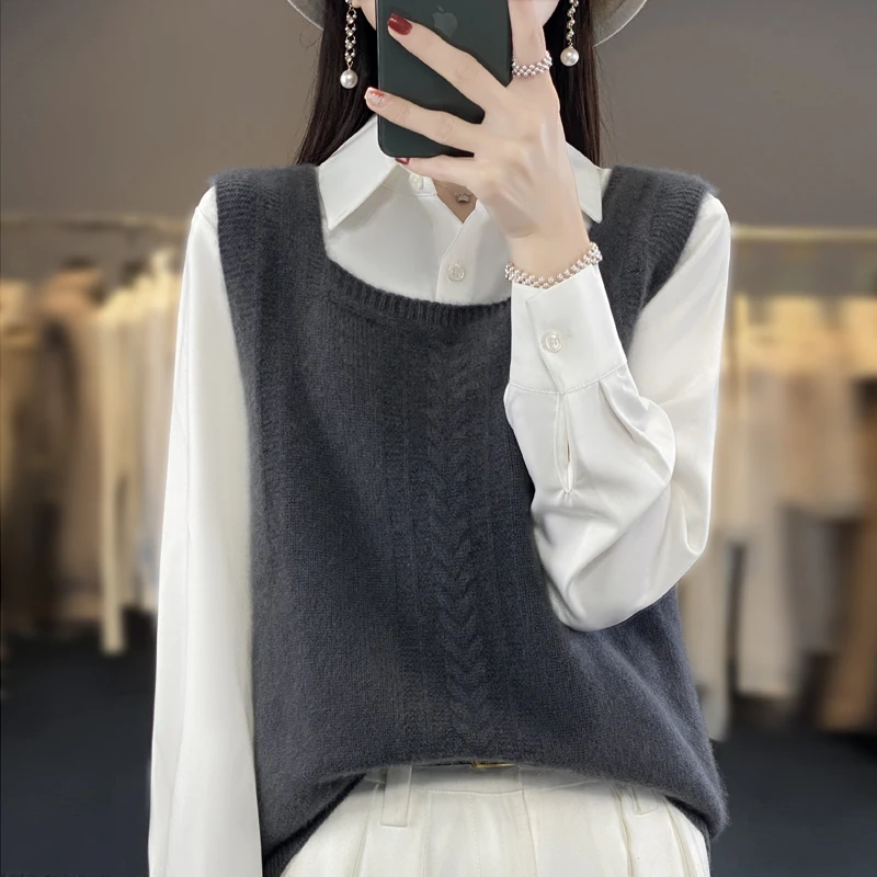 100% pure wool autumn and winter new vest women's knitted cashmere sweater vest sleeveless square neck sling solid color Joker. image 3