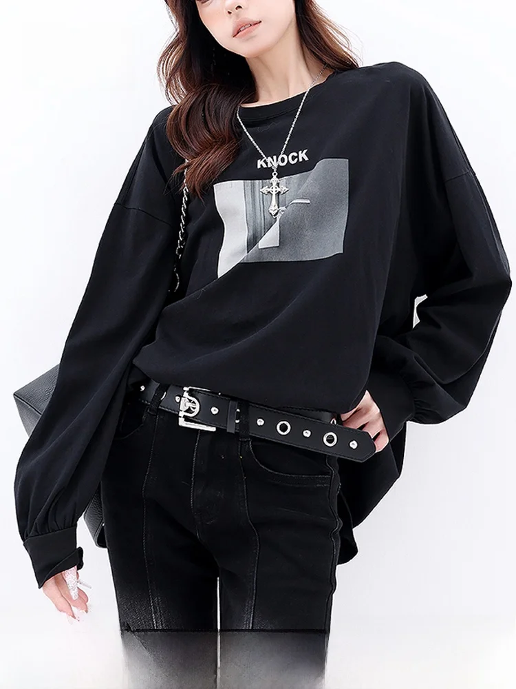 

Женская свободная повседневная универсальная футболка с длинным рукавом и креативным принтом в американском ретро-стиле для осеннего сезона