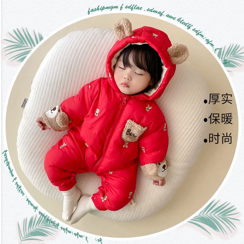 New Winter Thick Keep Warm Boys Girls Rompers Lined With Velvet Cartoon Bear Pattern Hooded Bodysuits For 1-2 Years Old Kids