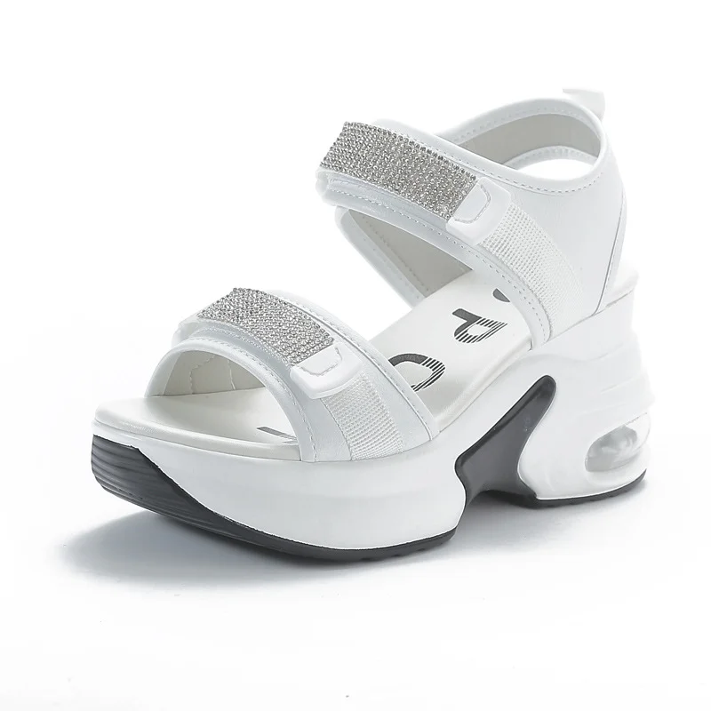 Rhinestone 8CM 2023 New Genuine Leather Sandals Women Elevator Shoes Comfy Fashion Summer Platform Wedge Ladies Hook&Loop Shoes