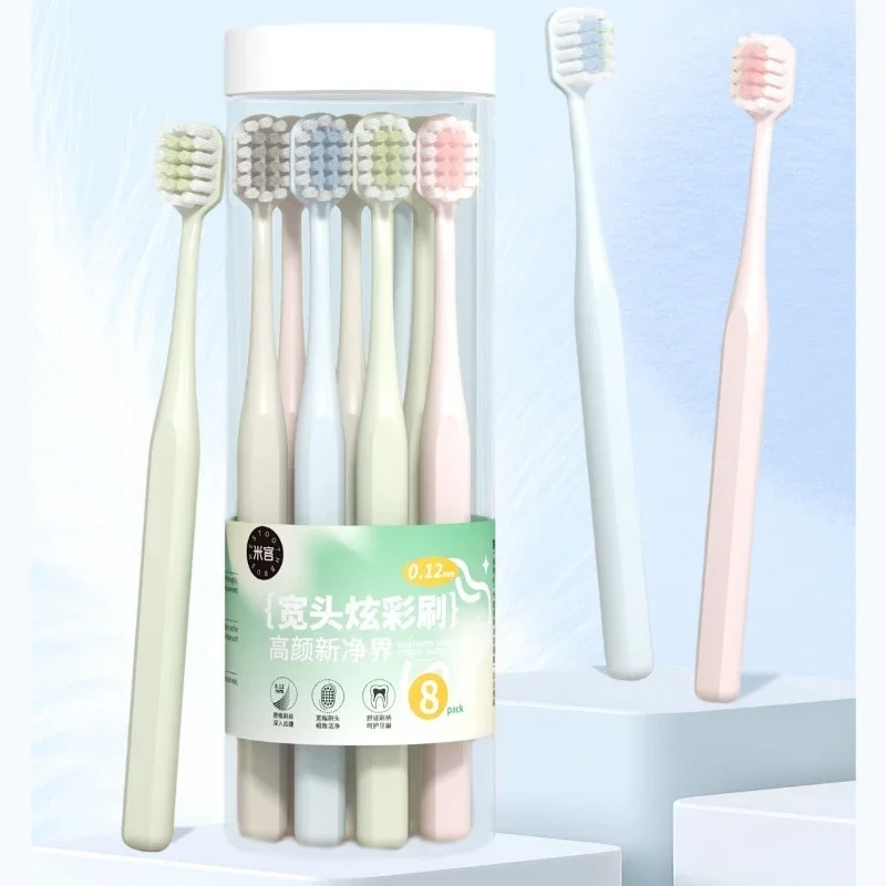 فرشاة أسنان للكبار بشعيرات ناعمة ممتازة برأس واسع منزلية فضية أيونية على الطراز الياباني حزمة عائلية 8 قطع تغليف دلو