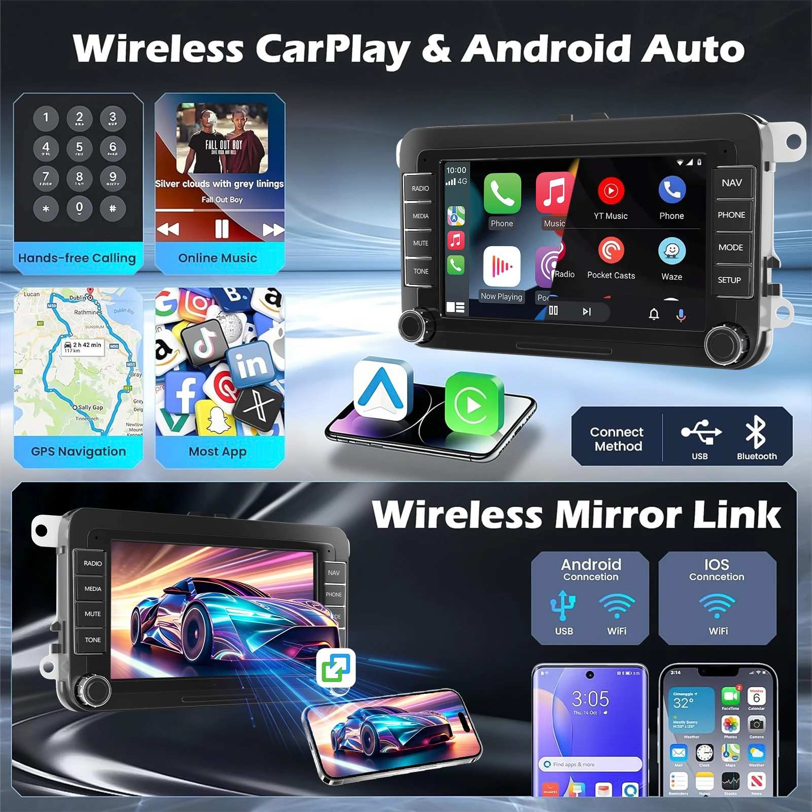 ESSGOO 7" Android15 2+64G/ 4+64G Für Seat/Skoda/VW Golf 5 6 Passat Polo Touran Tiguan Rabbit Sharan Caddy EOS T5 Autoradio mit Wireless Carplay Android Auto GPS NAVI RDS FM WIFI Bluetooth AI Sprachsteuerung Mirror Link SWC IPS Touchscreen Multimedia-Player – Detail 11