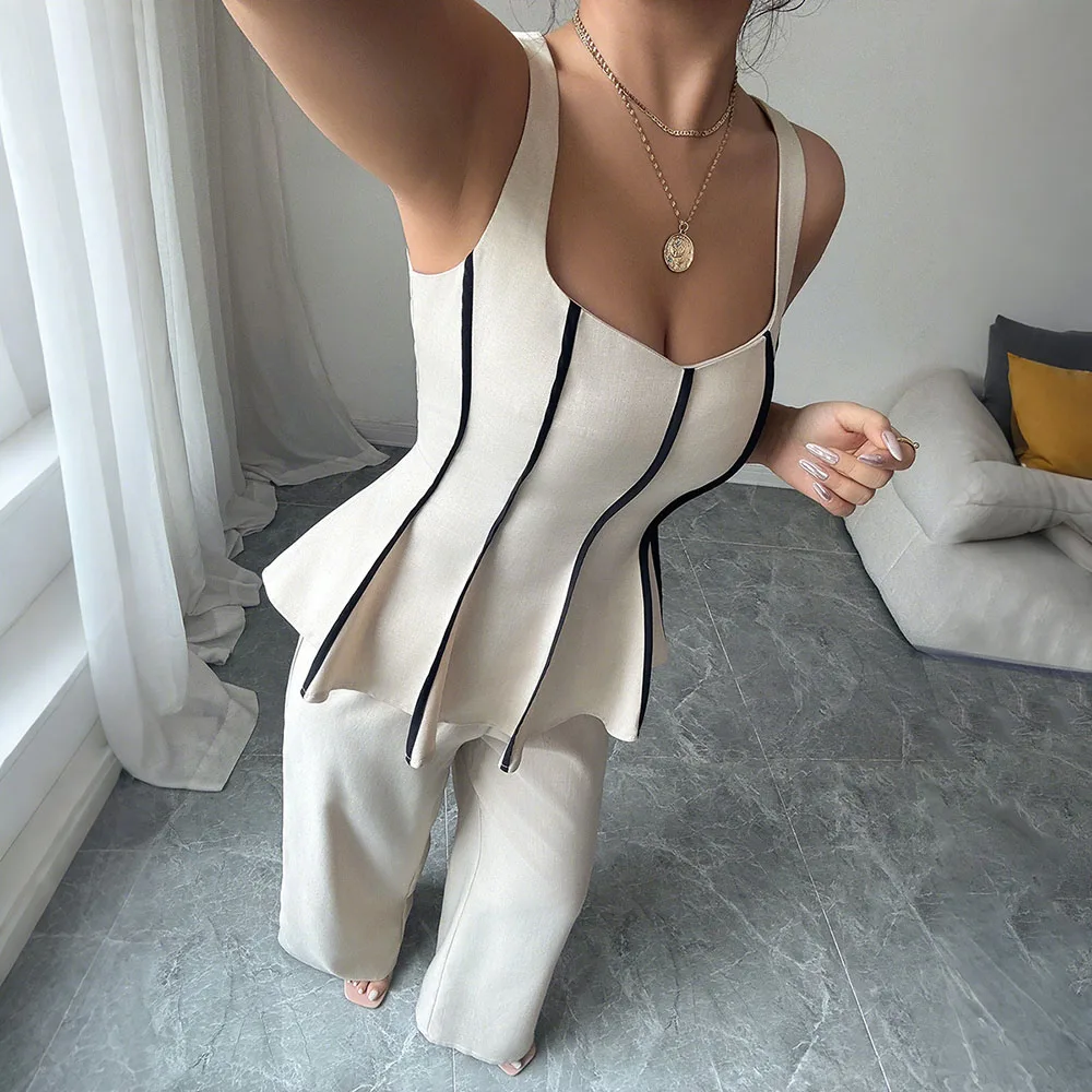 

Women's Elegant Sleeveless Ruched T-Shirt Two-Piece Set Slim Square Collar Vest Top And Straight High Waist Pant Office Lady Set
