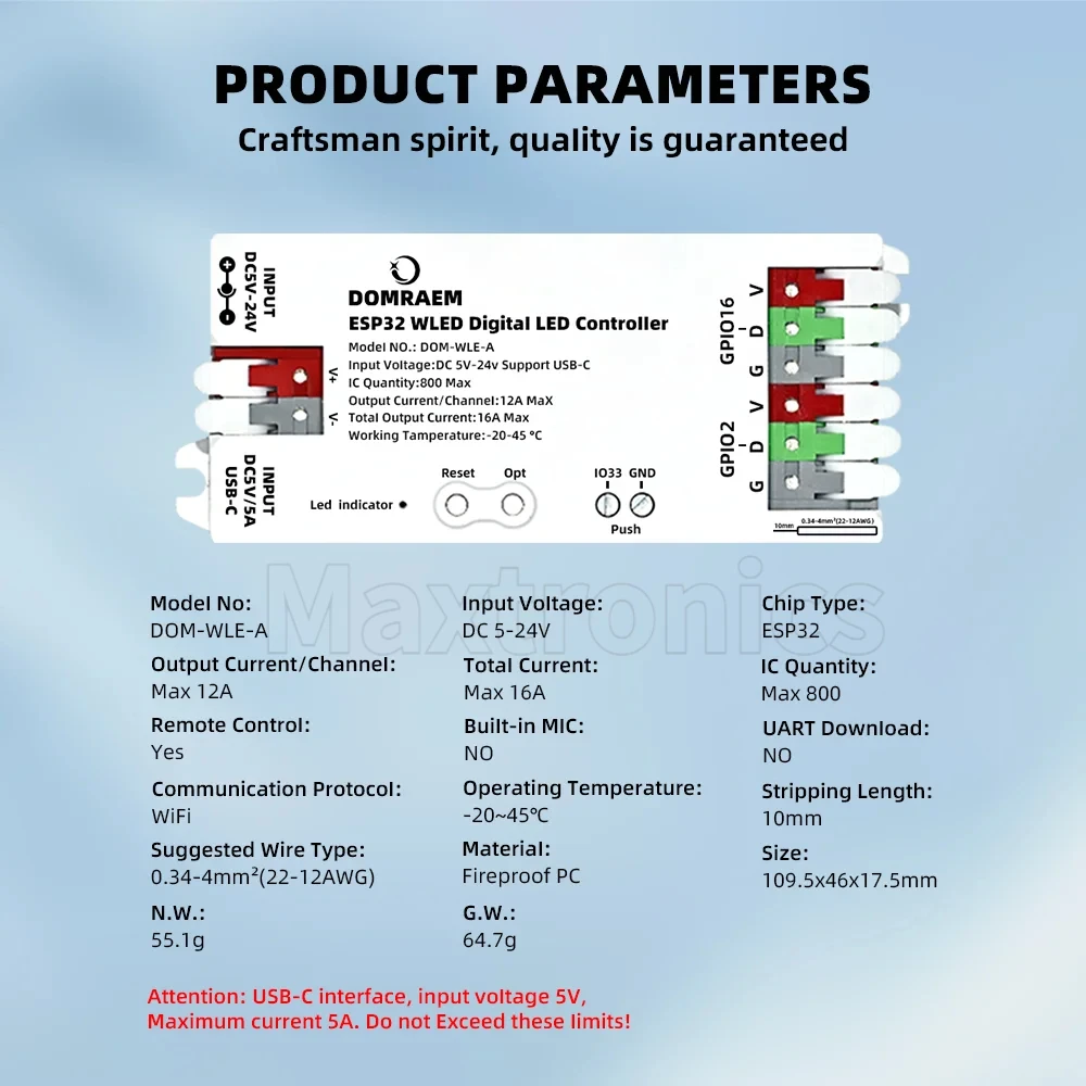 HOT ESP32 WLED USB-Type-C Addressable LED Strip Controller  DIY WS2811 WS2812 WS2812B WS2814 DC5-24V 16A Max ～0.5W Standby