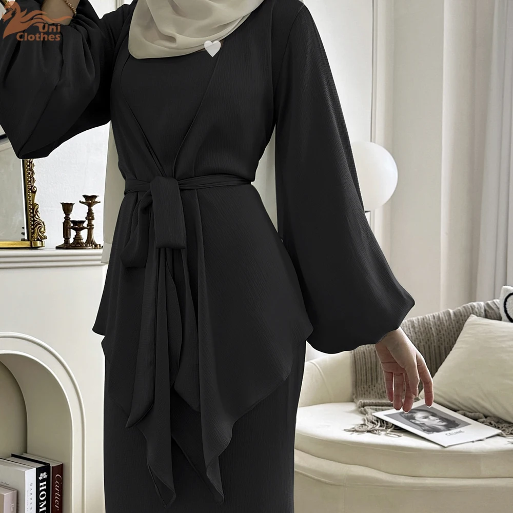 Uni nouvelle mode deux pièces robe dubaï solide trompette Abaya manches bouffantes vêtements féminins 2025