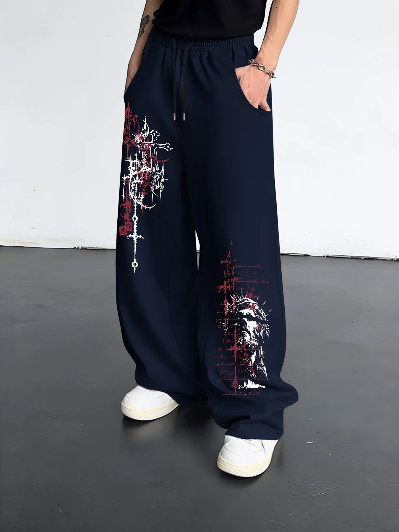Gothic Dark Cross Sword Graffiti Straight Leg Jogger Trousers Unisex Men Women Hip‑Hop Streetwear Loose Casual Sport Pants