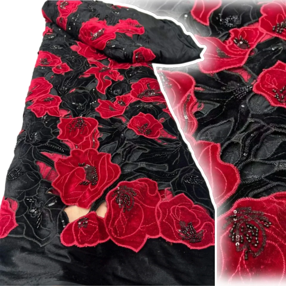 African Lace Fabric 2026 High Qulity Beads Sequins Embroidery Velvet Fabric Fall and Winter for Women Evening Party Dress 3704