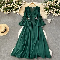 Purple/Green/Red Pleated Maxi Long Dress Women Vintage V-Neck Flare Sleeve Draped Ruffle Vestido Female Maxi Robe Summer