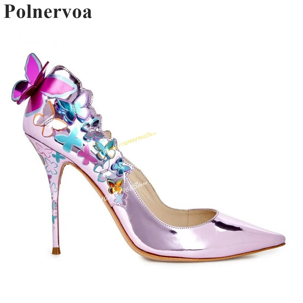 Luxury Colorful Glossy Butterfly Decor Pumps Thin High Heel Shoes For Women Slip On Pointed Toe 2024 Fashion Zapatos Para Mujere