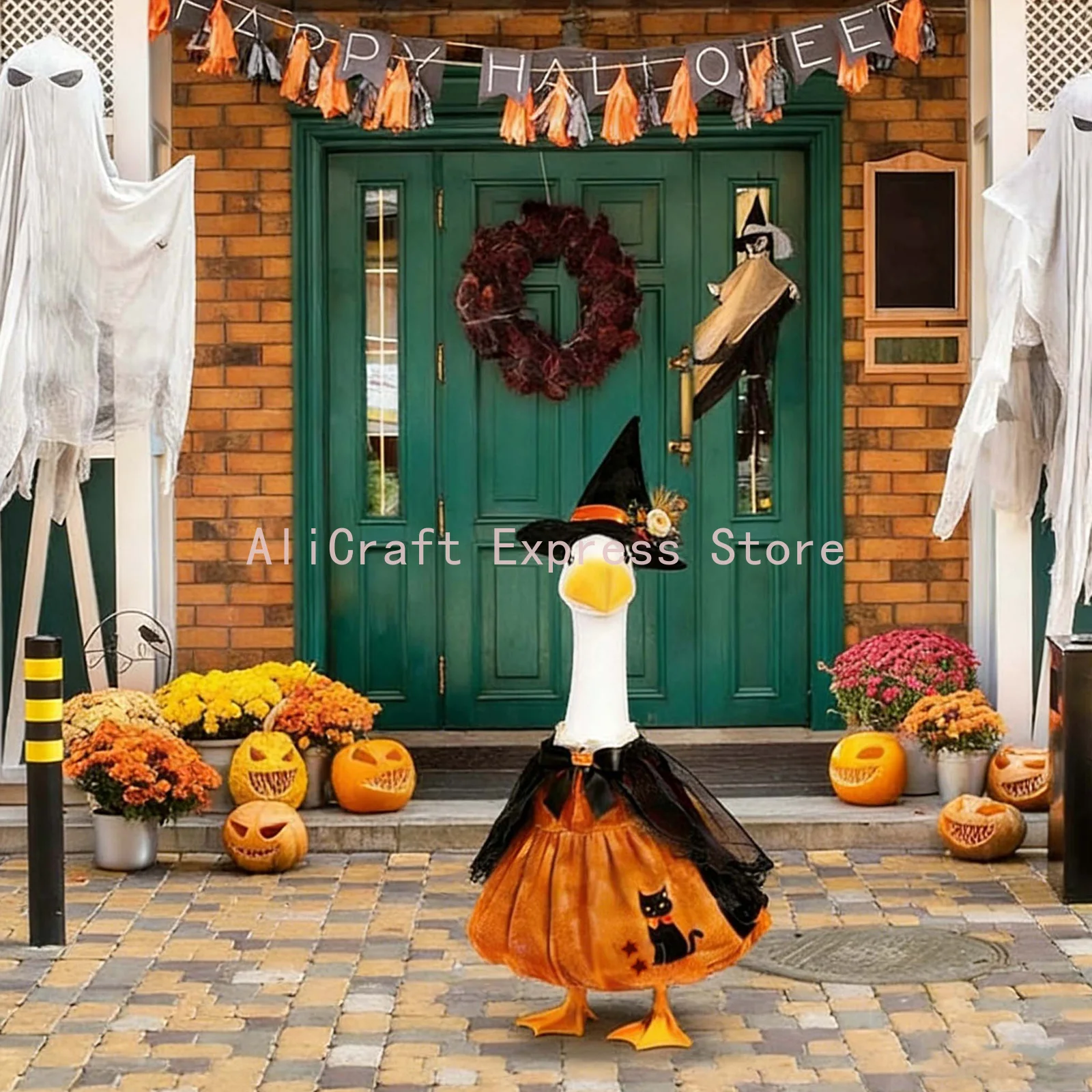 23‑Inch Porch Goose Halloween Costume,Pumpkin Black Cat Witch Dress & Hat for Outdoor Garden Party Decor