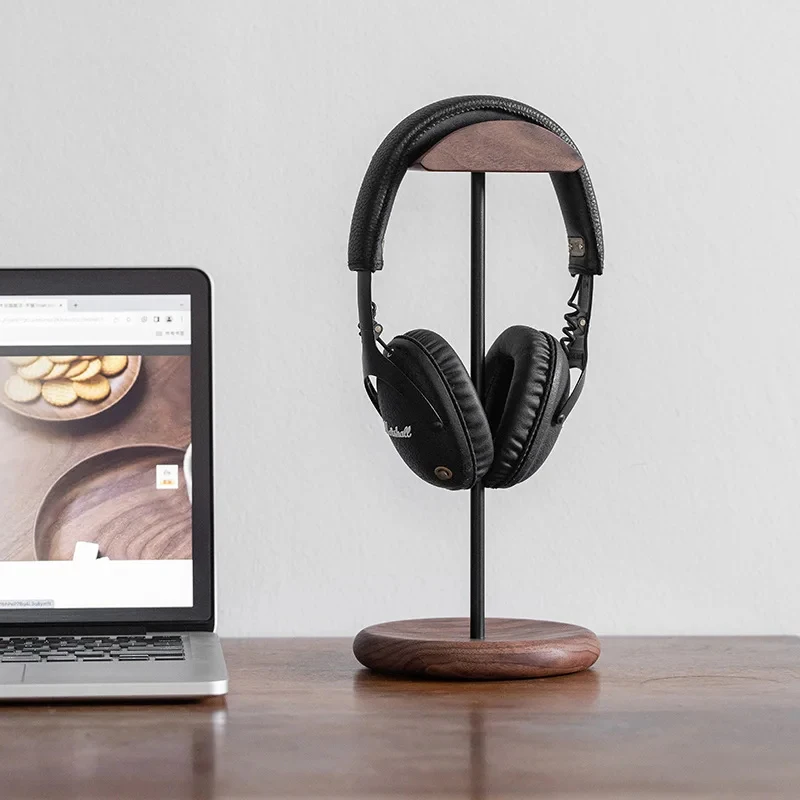 Minimal Walnut & Alloy Metal Headset Stand Anti-slip Desktop Earphone Display Holder Universal Gaming Headphone Rack for Office