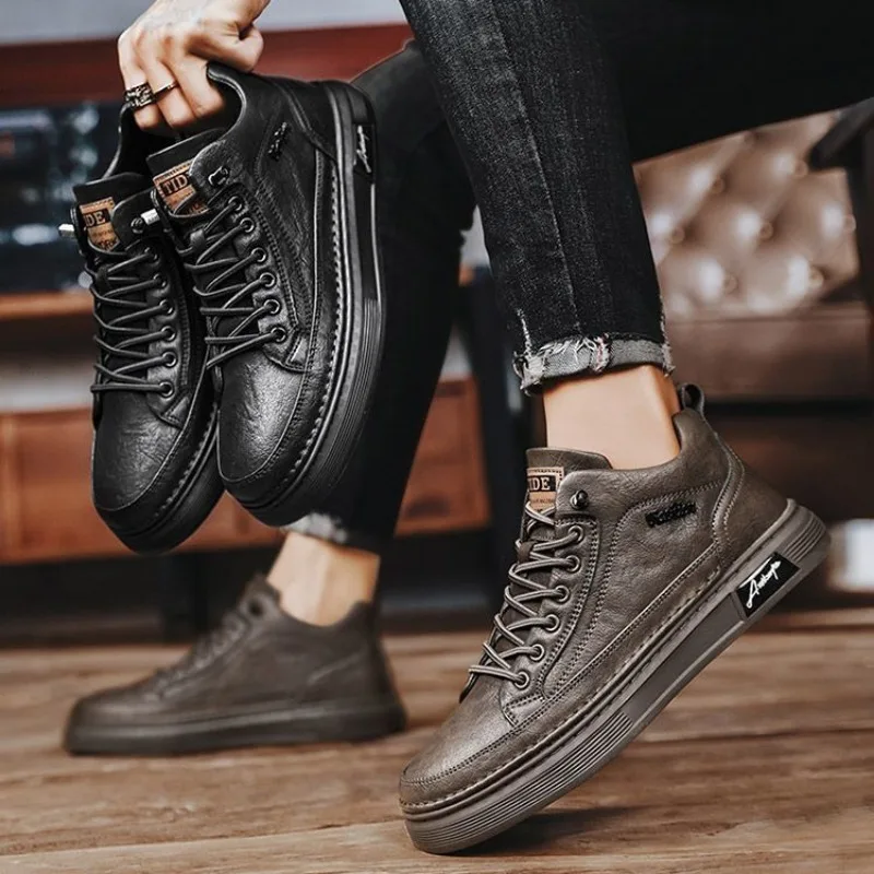 男性革カジュアルシューズ春の新ハイトッププラットフォームスニーカー高級英国ビジネススタイルスポーツシューズ男性用 Zapatos Hombre