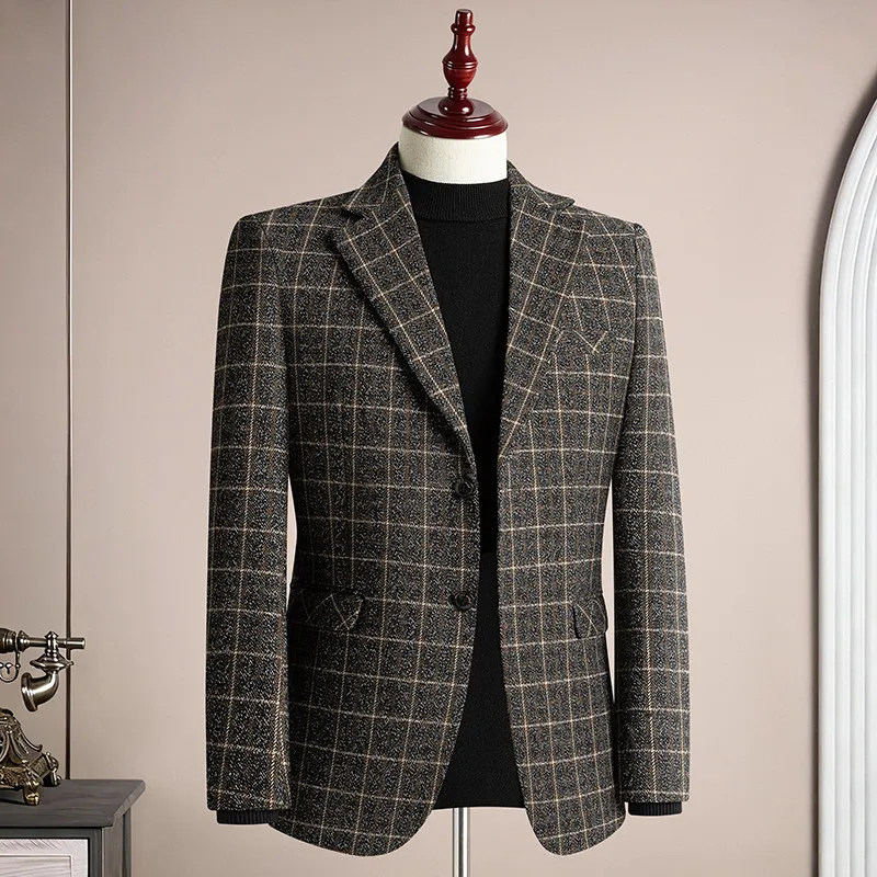 

High-quality fall-winter vintage wool 50% warm brushed plain collar men's casual business formal high-end suit jacket